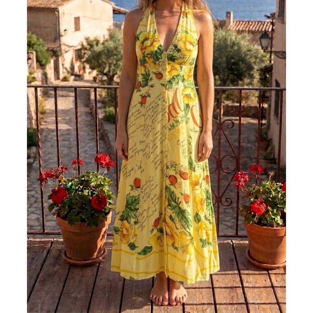 Yellow Floral Halter Maxi Dress